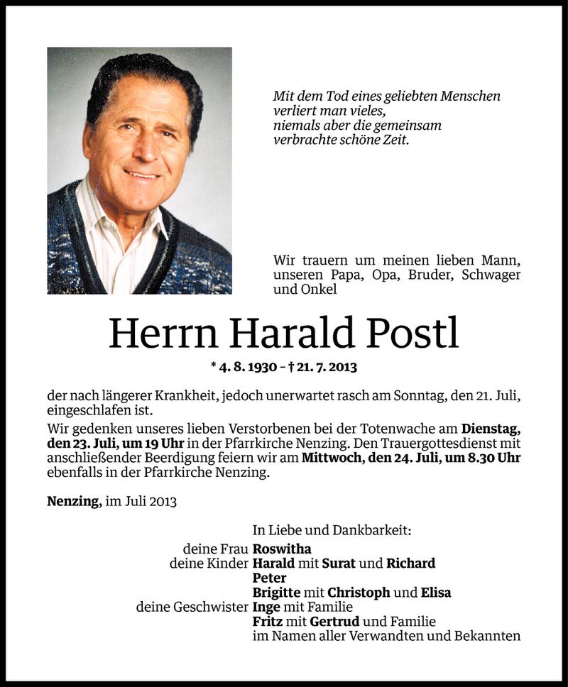  Todesanzeige für Harald Postl vom 23.07.2013 aus Vorarlberger Nachrichten