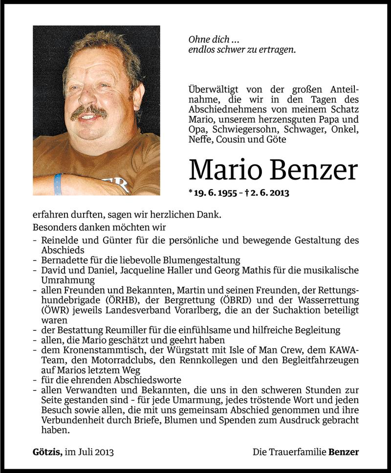  Todesanzeige für Mario Benzer vom 22.07.2013 aus Vorarlberger Nachrichten