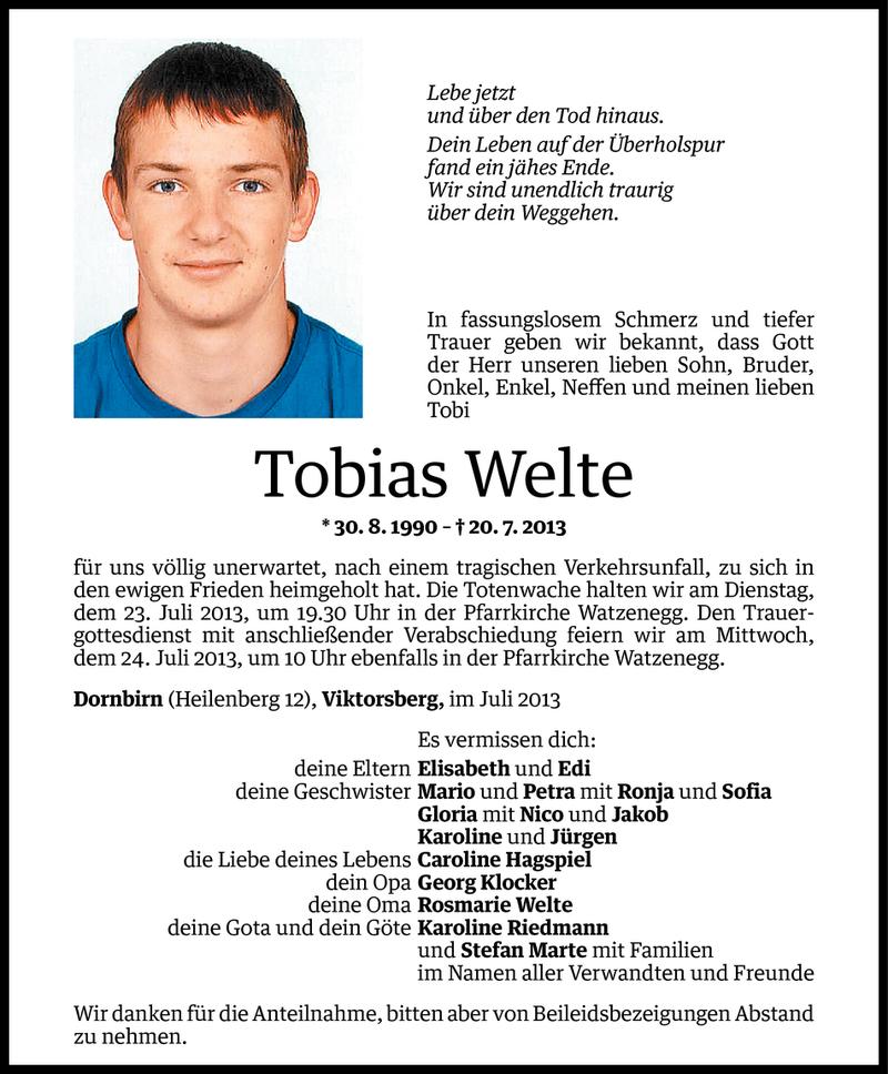  Todesanzeige für Tobias Welte vom 22.07.2013 aus Vorarlberger Nachrichten