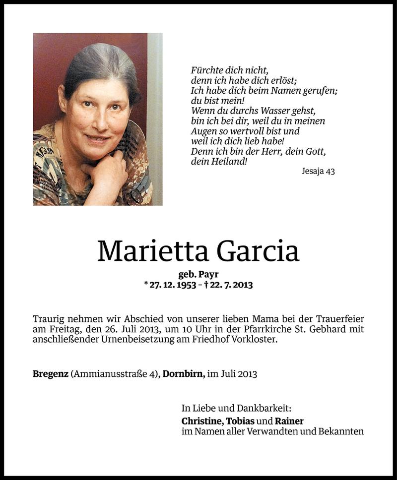  Todesanzeige für Marietta Garcia vom 23.07.2013 aus Vorarlberger Nachrichten