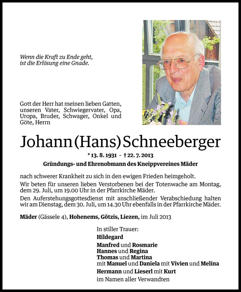  Todesanzeige für Johann Schneeberger vom 26.07.2013 aus Vorarlberger Nachrichten