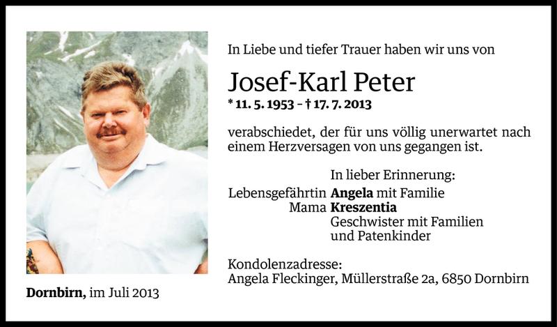  Todesanzeige für Josef-Karl Peter vom 26.07.2013 aus Vorarlberger Nachrichten