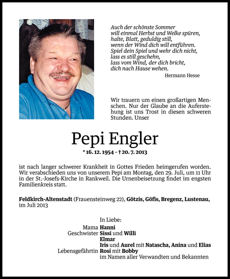  Todesanzeige für Pepi Engler vom 26.07.2013 aus Vorarlberger Nachrichten