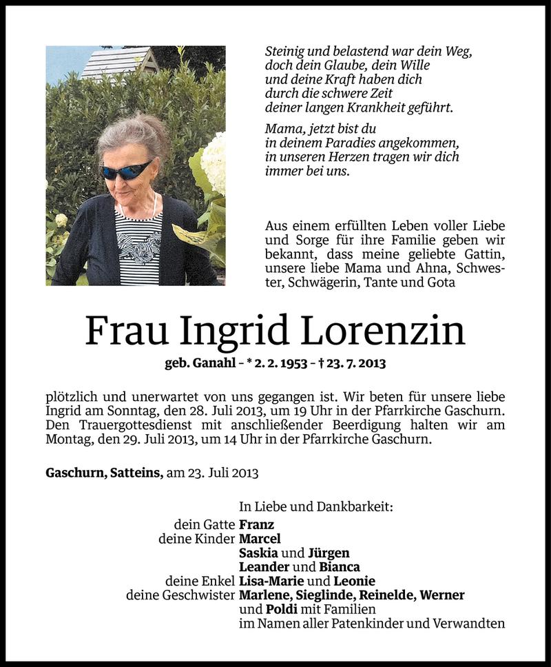  Todesanzeige für Ingrid Lorenzin vom 25.07.2013 aus Vorarlberger Nachrichten