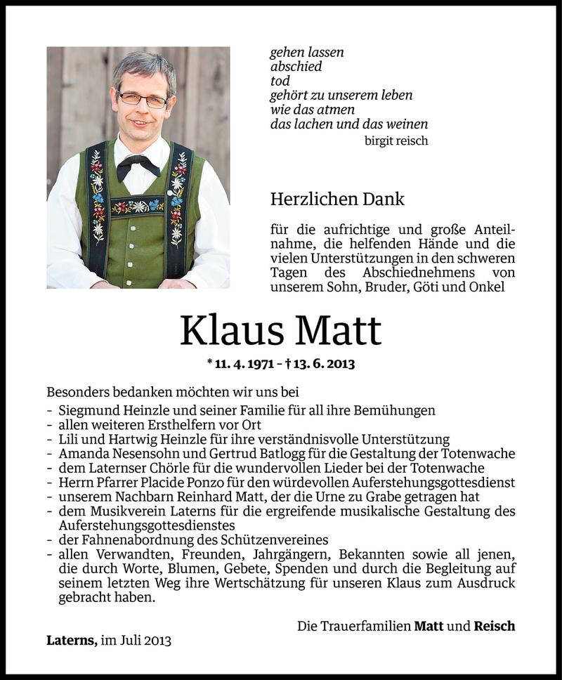  Todesanzeige für Klaus Matt vom 26.07.2013 aus Vorarlberger Nachrichten