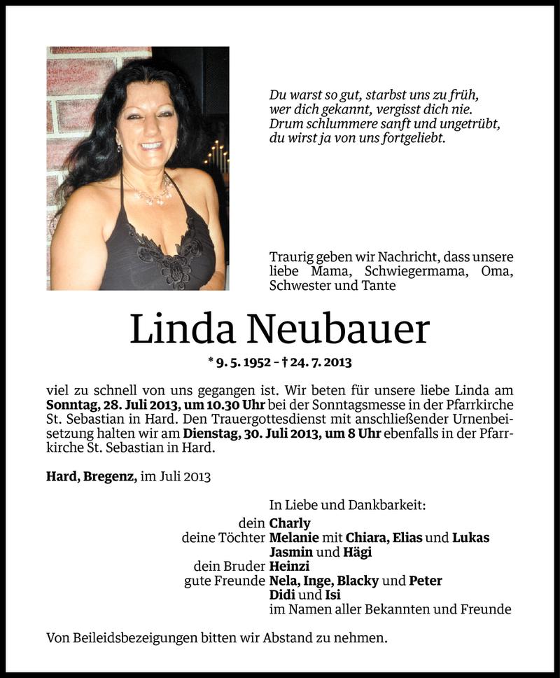  Todesanzeige für Linda Neubauer vom 26.07.2013 aus Vorarlberger Nachrichten