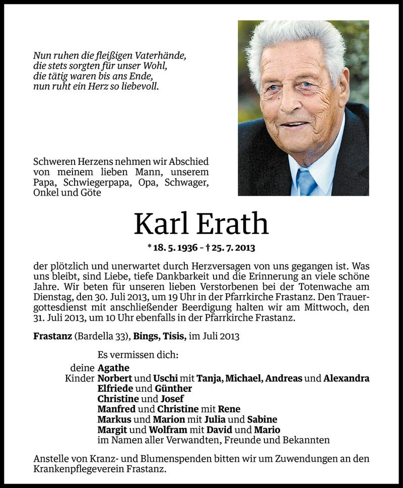  Todesanzeige für Karl Erath vom 26.07.2013 aus Vorarlberger Nachrichten