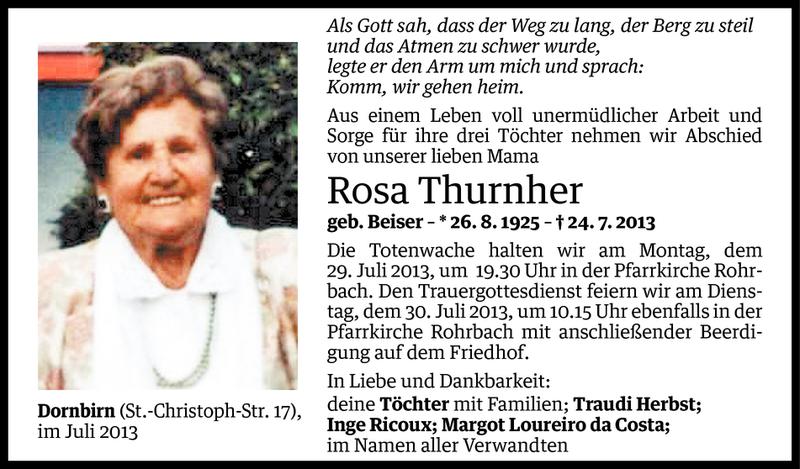  Todesanzeige für Rosa Thurnher vom 26.07.2013 aus Vorarlberger Nachrichten