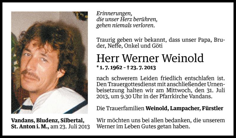  Todesanzeige für Werner Weinold vom 28.07.2013 aus Vorarlberger Nachrichten