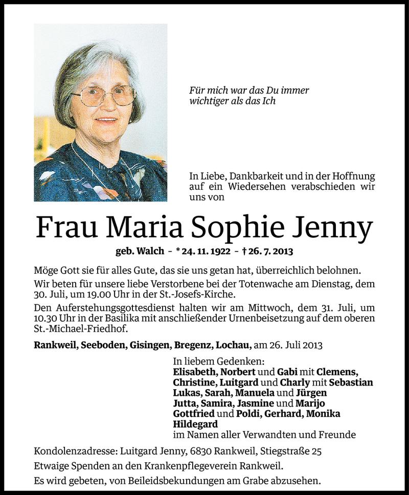  Todesanzeige für Maria Sophie Jenny vom 29.07.2013 aus Vorarlberger Nachrichten