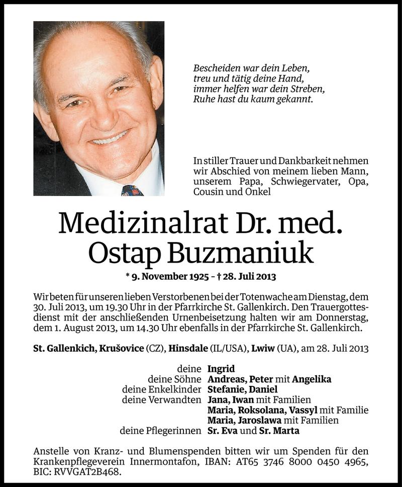  Todesanzeige für MR Dr. med. Ostap Buzmaniuk vom 28.07.2013 aus Vorarlberger Nachrichten