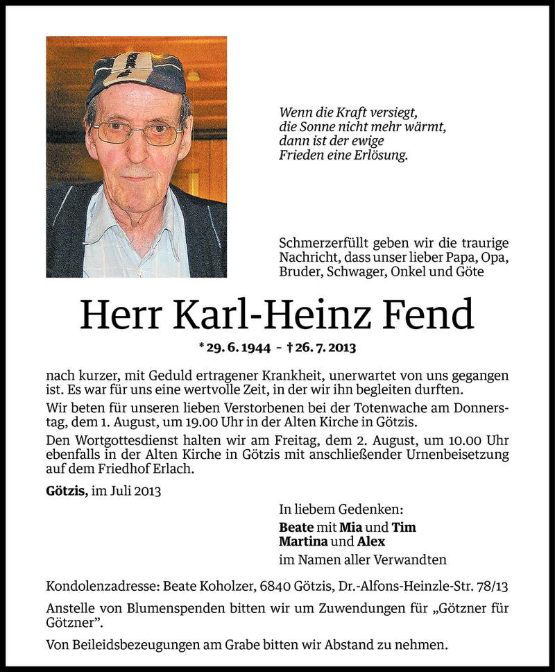  Todesanzeige für Karl-Heinz Fend vom 30.07.2013 aus Vorarlberger Nachrichten