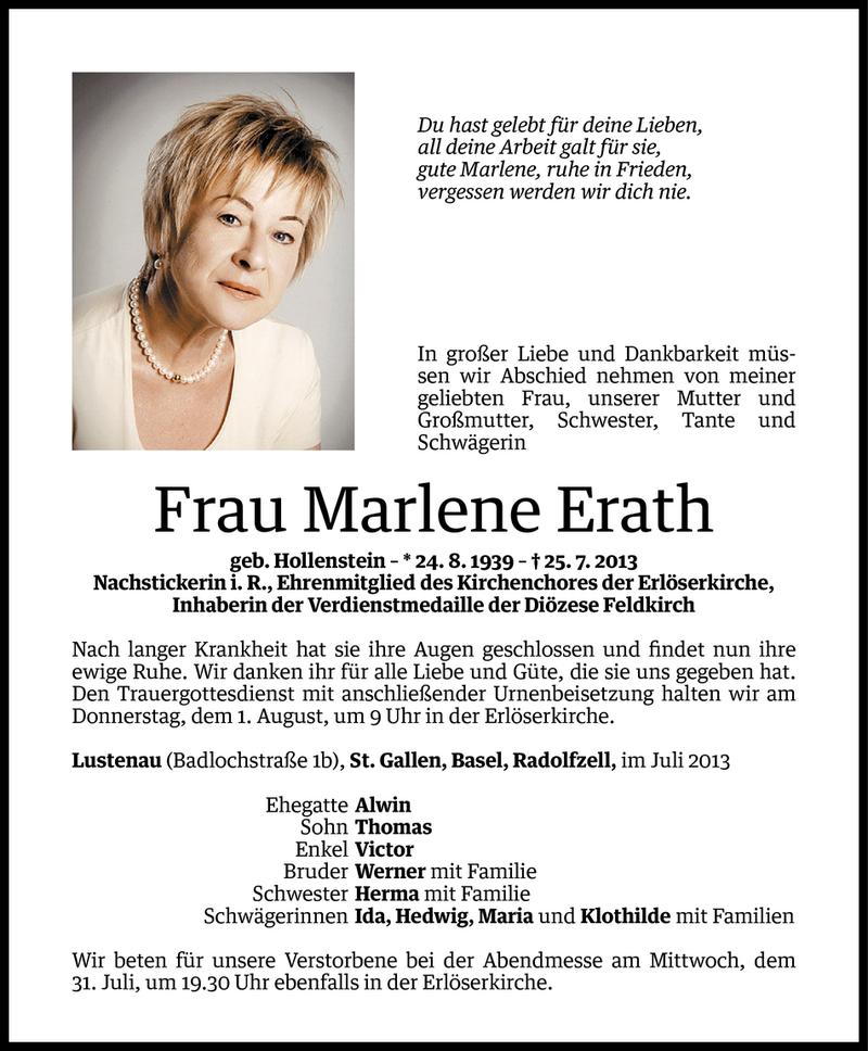  Todesanzeige für Marlene Erath vom 29.07.2013 aus Vorarlberger Nachrichten