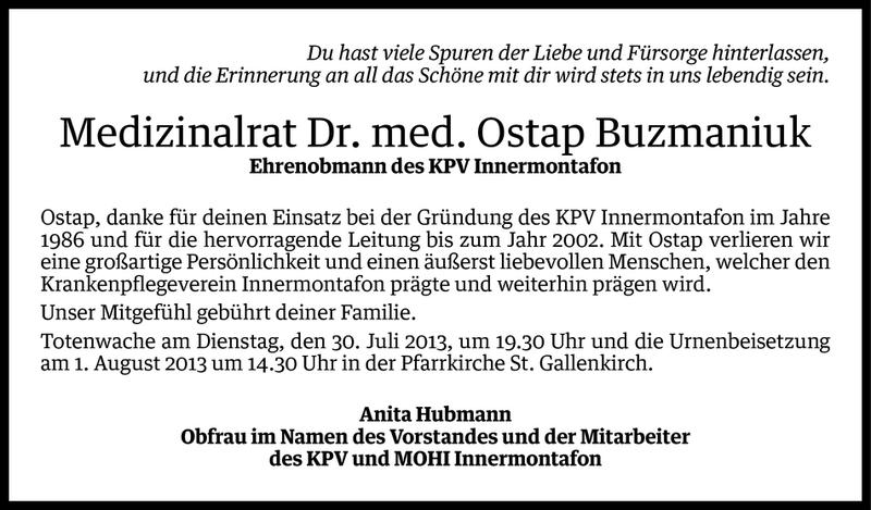  Todesanzeige für MR Dr. med. Ostap Buzmaniuk vom 29.07.2013 aus Vorarlberger Nachrichten