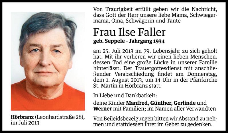  Todesanzeige für Ilse Faller vom 29.07.2013 aus Vorarlberger Nachrichten