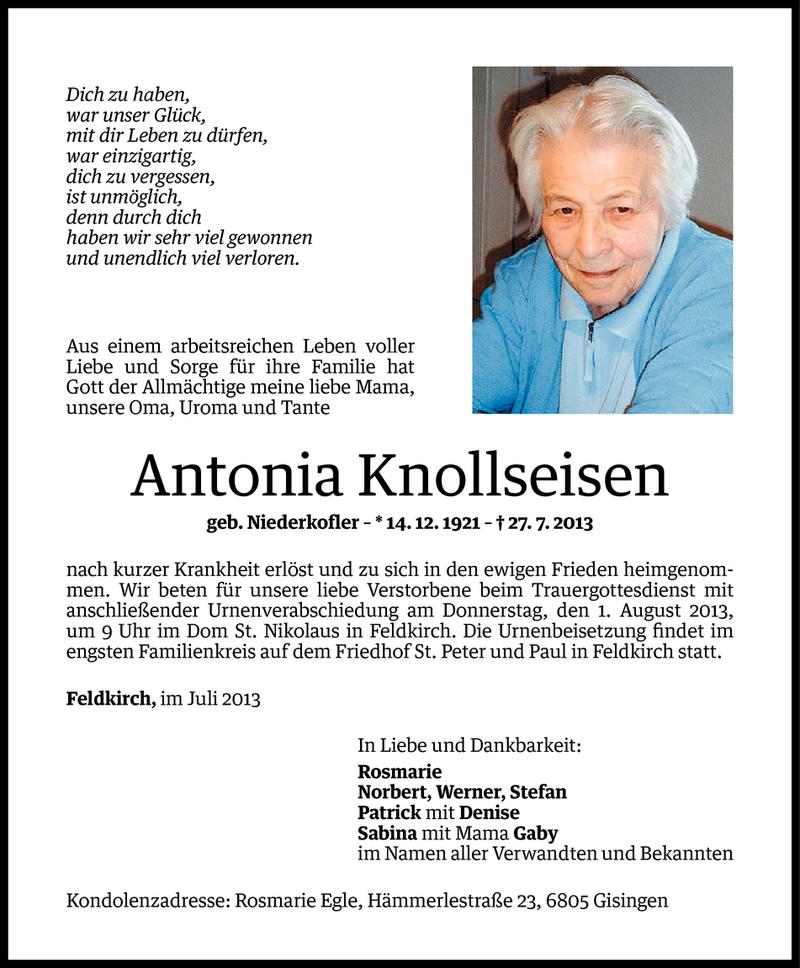  Todesanzeige für Antonia Knollseisen vom 29.07.2013 aus Vorarlberger Nachrichten