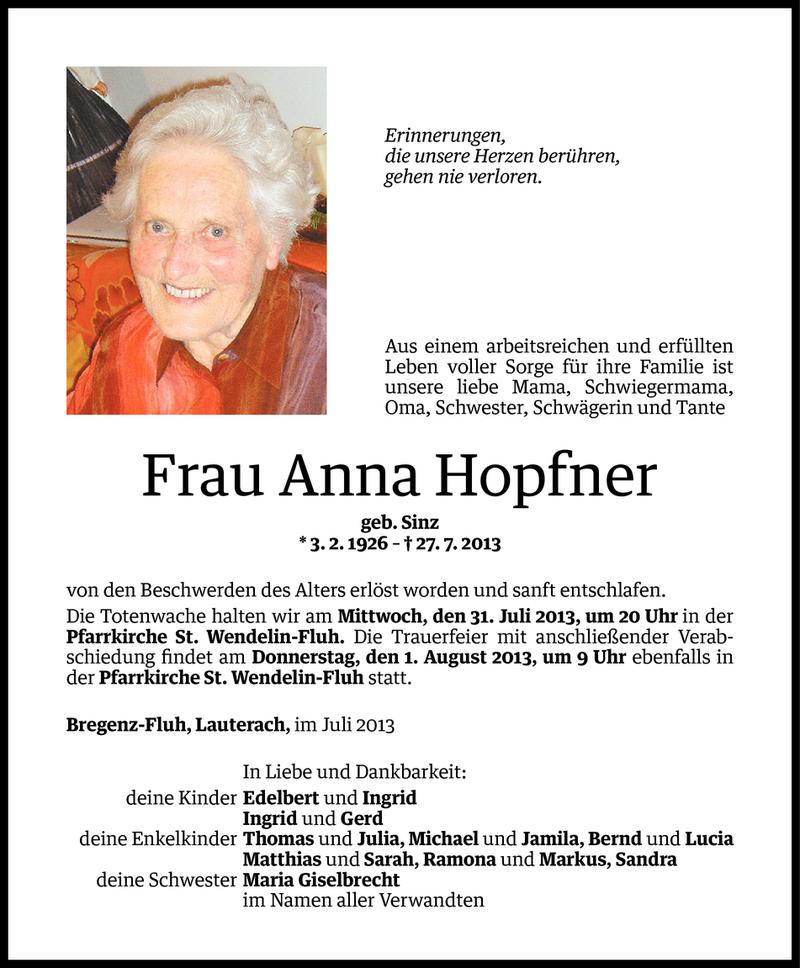  Todesanzeige für Anna Hopfner vom 29.07.2013 aus Vorarlberger Nachrichten