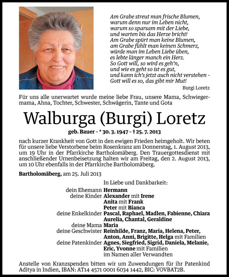  Todesanzeige für Walburga Loretz vom 29.07.2013 aus Vorarlberger Nachrichten