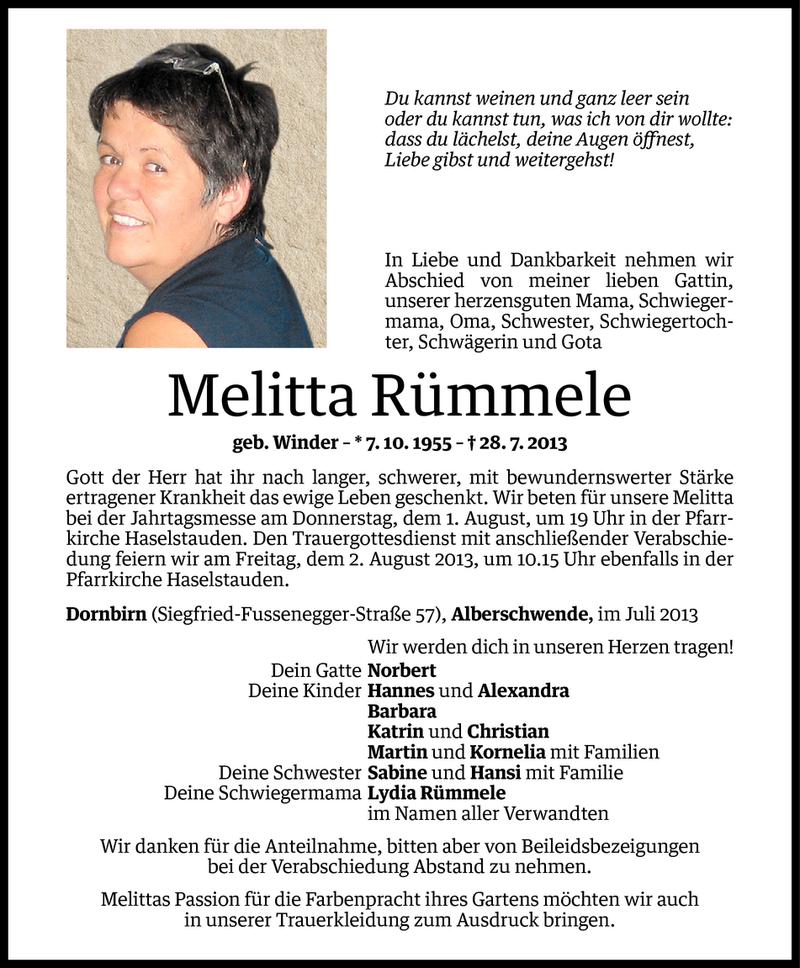  Todesanzeige für Melitta Rümmele vom 29.07.2013 aus Vorarlberger Nachrichten