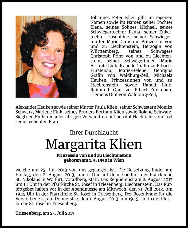  Todesanzeige für Margarita Klien vom 29.07.2013 aus Vorarlberger Nachrichten