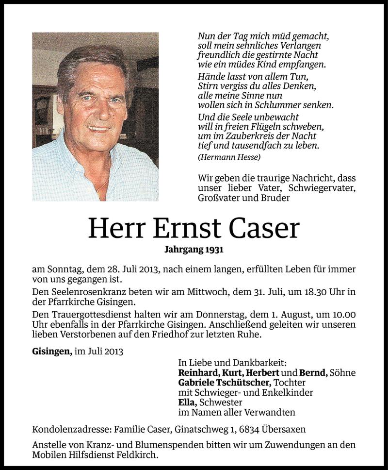  Todesanzeige für Ernst Caser vom 30.07.2013 aus Vorarlberger Nachrichten