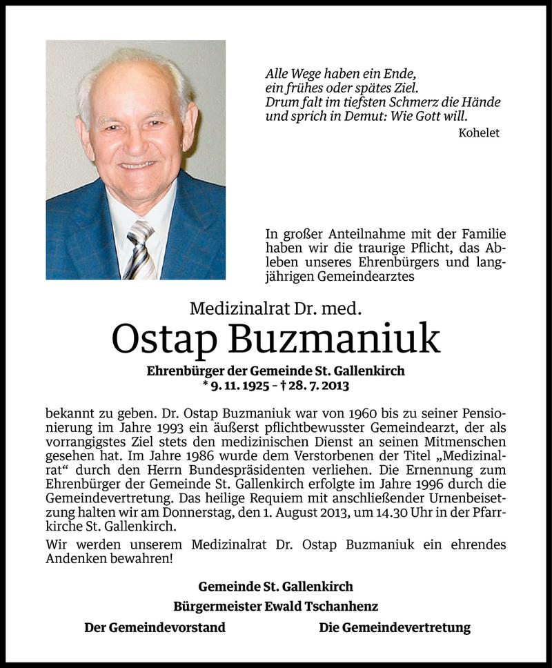  Todesanzeige für MR Dr. med. Ostap Buzmaniuk vom 30.07.2013 aus Vorarlberger Nachrichten