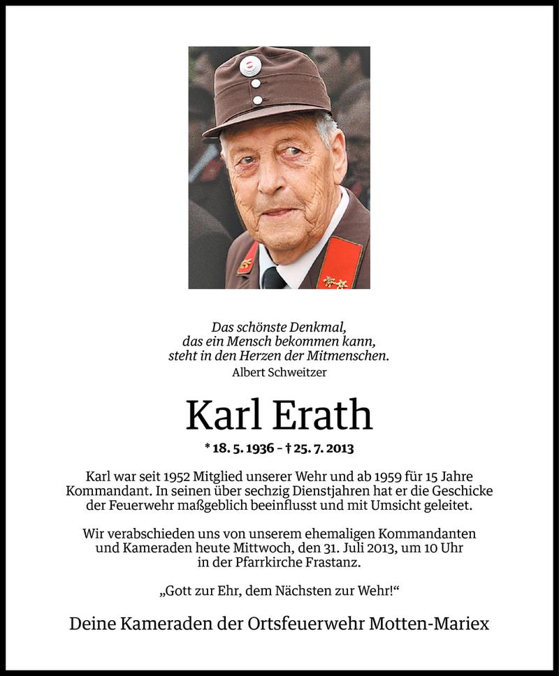  Todesanzeige für Karl Erath vom 30.07.2013 aus Vorarlberger Nachrichten