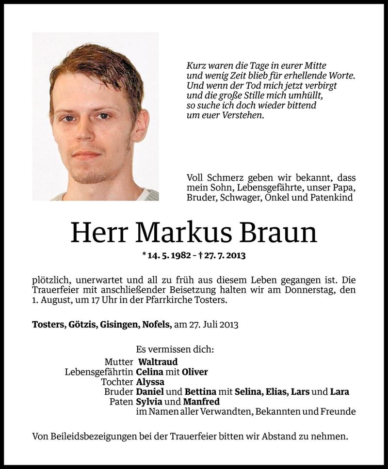  Todesanzeige für Markus Braun vom 30.07.2013 aus Vorarlberger Nachrichten