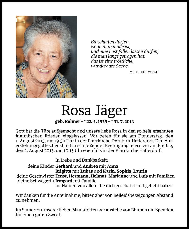  Todesanzeige für Rosa Jäger vom 31.07.2013 aus Vorarlberger Nachrichten