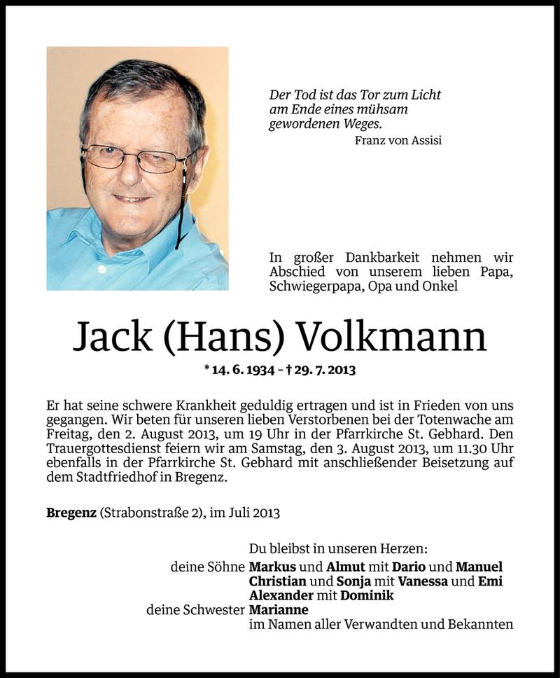  Todesanzeige für Jack Volkmann vom 31.07.2013 aus Vorarlberger Nachrichten