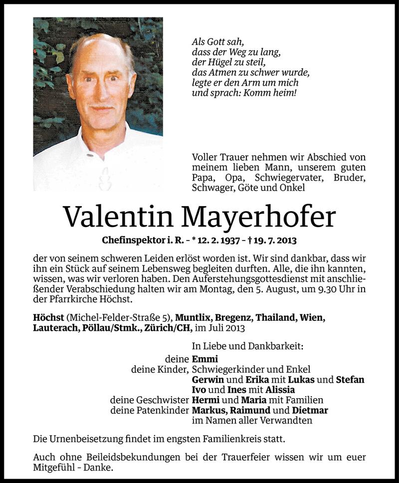  Todesanzeige für Valentin Mayerhofer vom 01.08.2013 aus Vorarlberger Nachrichten