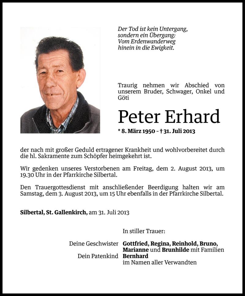  Todesanzeige für Peter Erhard vom 31.07.2013 aus Vorarlberger Nachrichten