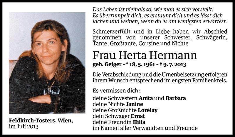  Todesanzeige für Herta Hermann vom 02.08.2013 aus Vorarlberger Nachrichten