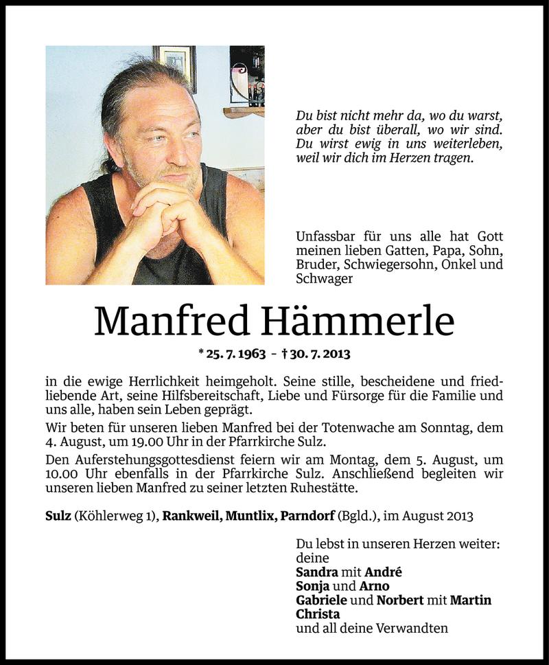  Todesanzeige für Manfred Hämmerle vom 02.08.2013 aus Vorarlberger Nachrichten