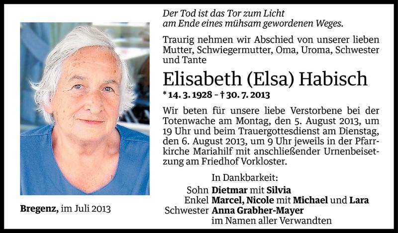  Todesanzeige für Elisabeth Habisch vom 02.08.2013 aus Vorarlberger Nachrichten