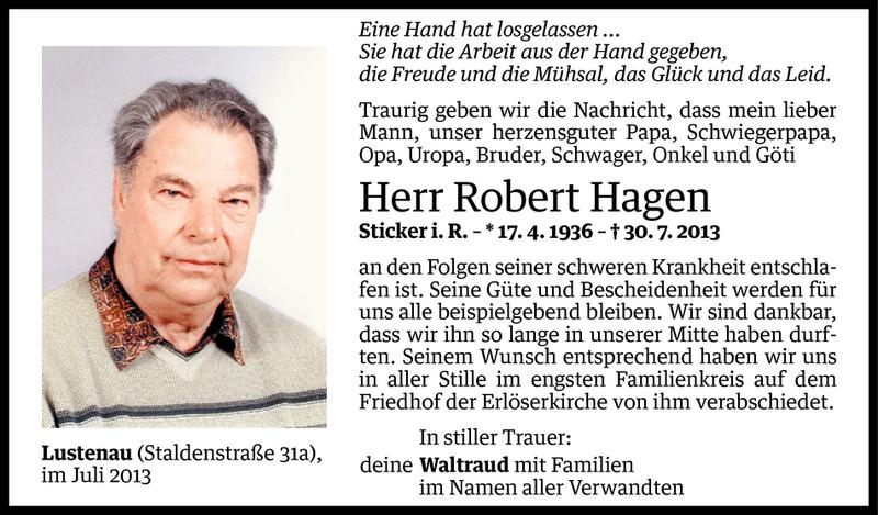  Todesanzeige für Robert Hagen vom 03.08.2013 aus Vorarlberger Nachrichten