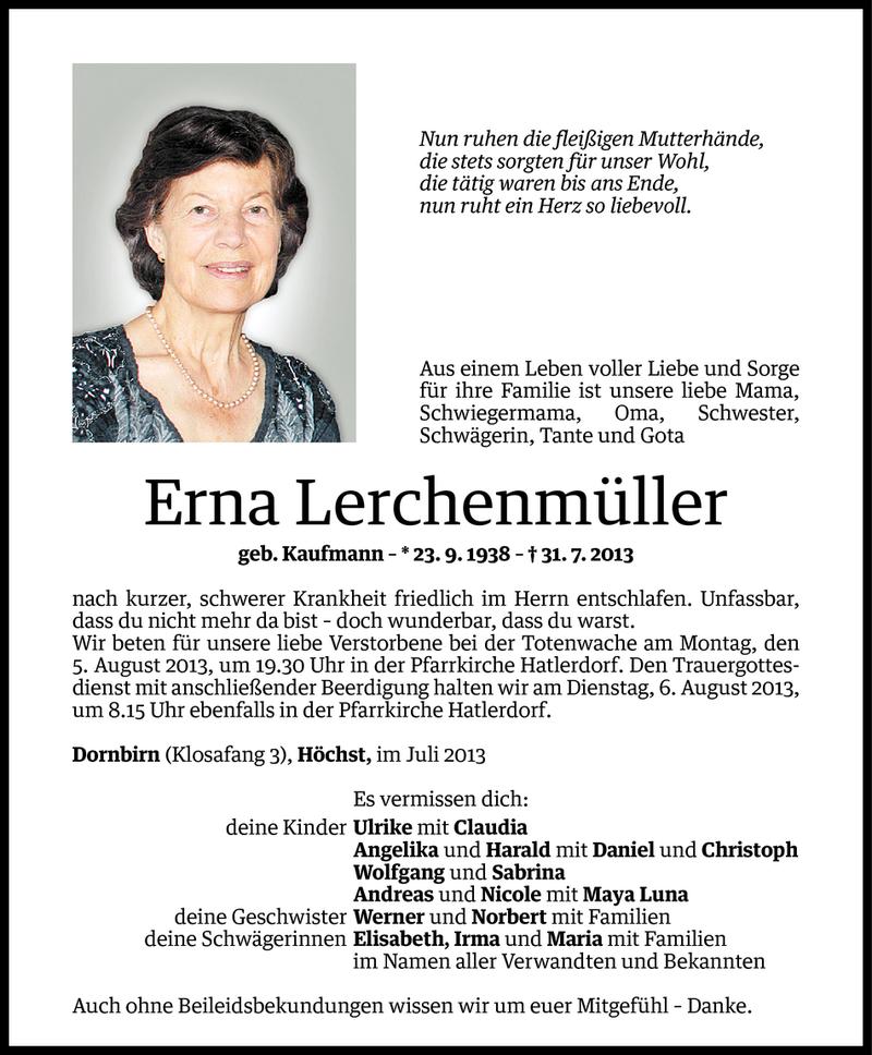  Todesanzeige für Erna Lerchenmüller vom 02.08.2013 aus Vorarlberger Nachrichten