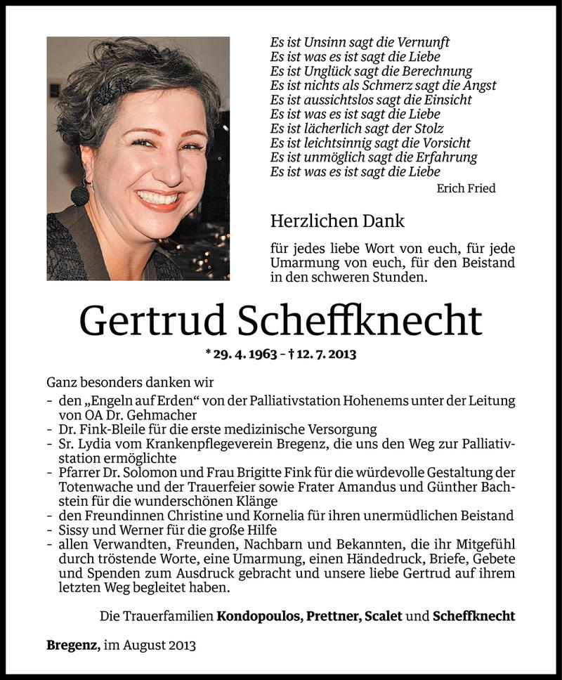  Todesanzeige für Gertrud Scheffknecht vom 02.08.2013 aus Vorarlberger Nachrichten