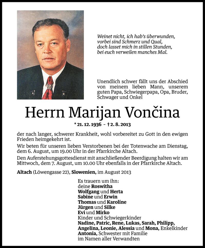  Todesanzeige für Marijan Voncina vom 05.08.2013 aus Vorarlberger Nachrichten