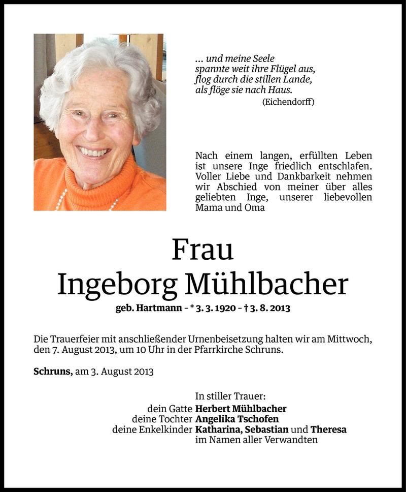  Todesanzeige für Ingeborg Mühlbacher vom 04.08.2013 aus Vorarlberger Nachrichten