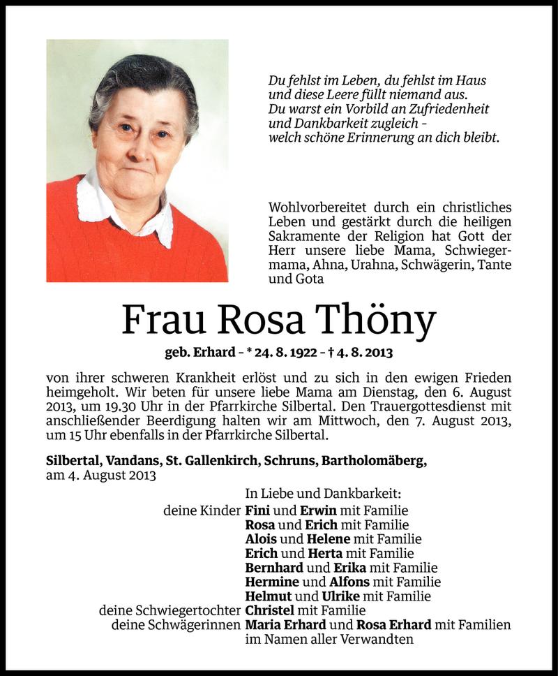  Todesanzeige für Rosa Thöny vom 04.08.2013 aus Vorarlberger Nachrichten