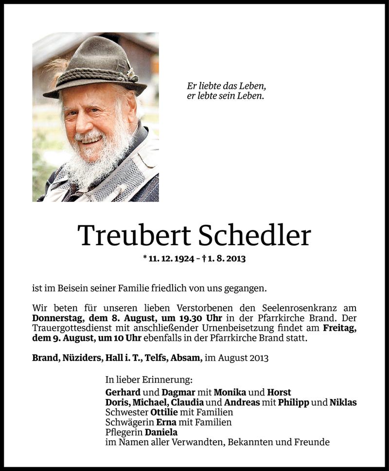  Todesanzeige für Treubert Schedler vom 06.08.2013 aus Vorarlberger Nachrichten