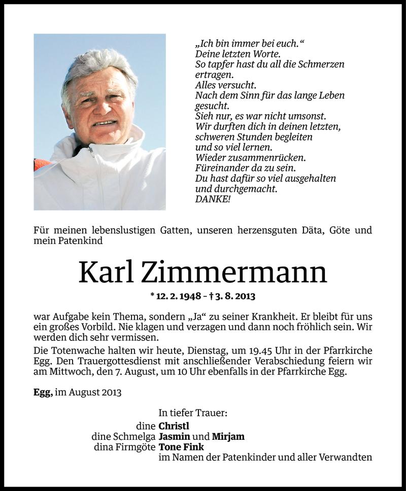  Todesanzeige für Karl Zimmermann vom 05.08.2013 aus Vorarlberger Nachrichten