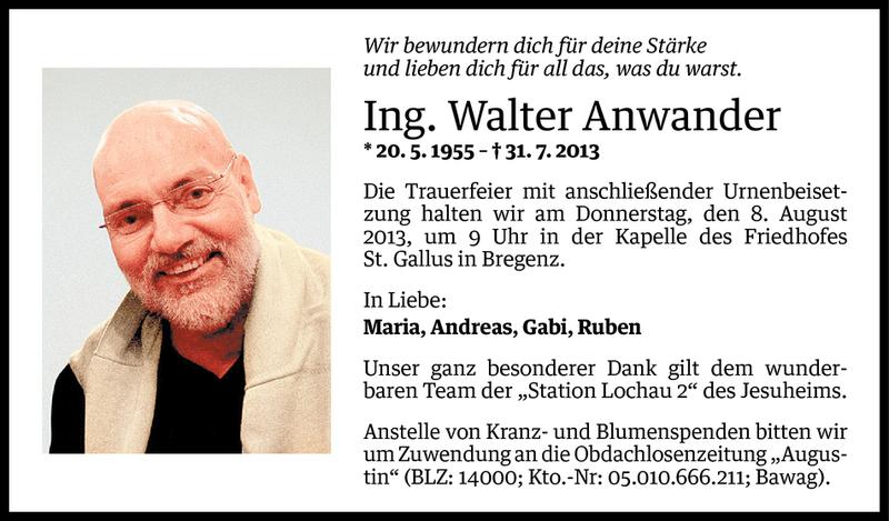  Todesanzeige für Walter Anwander vom 05.08.2013 aus Vorarlberger Nachrichten