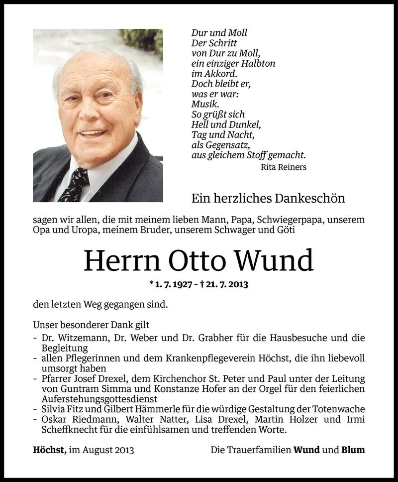  Todesanzeige für Otto Wund vom 05.08.2013 aus Vorarlberger Nachrichten