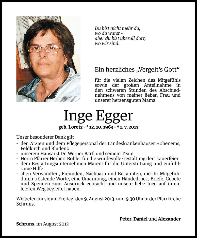  Todesanzeige für Inge Egger vom 06.08.2013 aus Vorarlberger Nachrichten