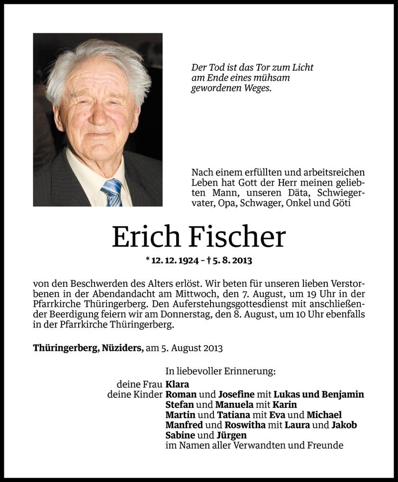  Todesanzeige für Erich Fischer vom 06.08.2013 aus Vorarlberger Nachrichten
