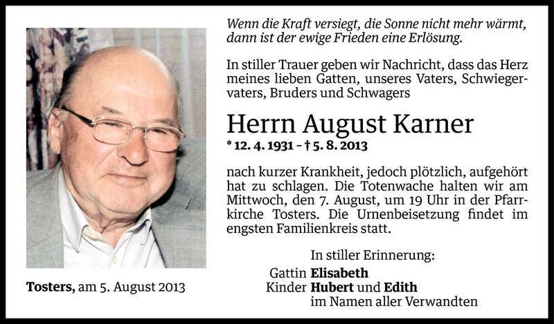  Todesanzeige für August Karner vom 06.08.2013 aus Vorarlberger Nachrichten