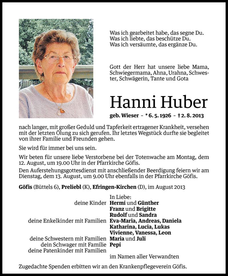  Todesanzeige für Hanni Huber vom 09.08.2013 aus Vorarlberger Nachrichten