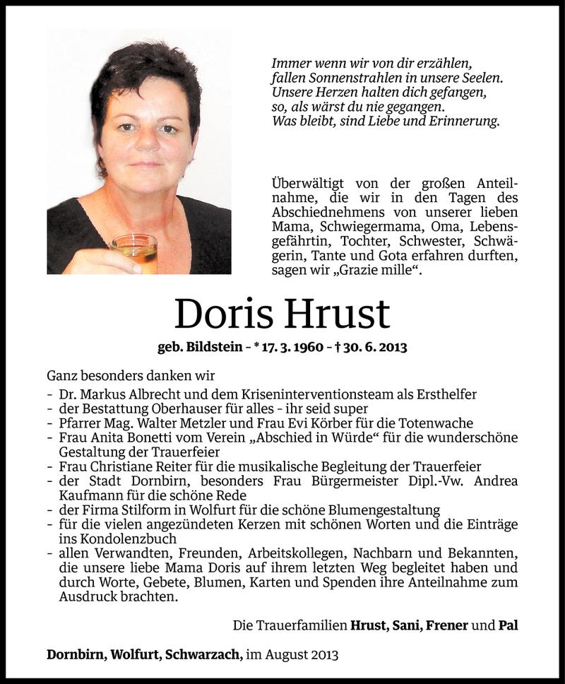  Todesanzeige für Doris Hrust vom 06.08.2013 aus Vorarlberger Nachrichten